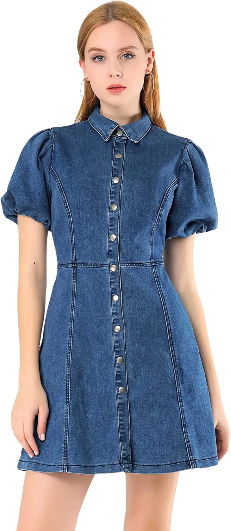 Allegra K Women'S Puff Short Sleeve Collared Button down Mini Jean Denim Dress with Pockets Dark Blue / Small