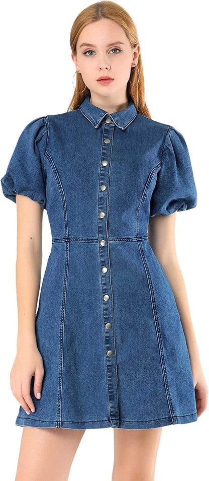 Allegra K Women'S Puff Short Sleeve Collared Button down Mini Jean Denim Dress with Pockets Dark Blue / Small
