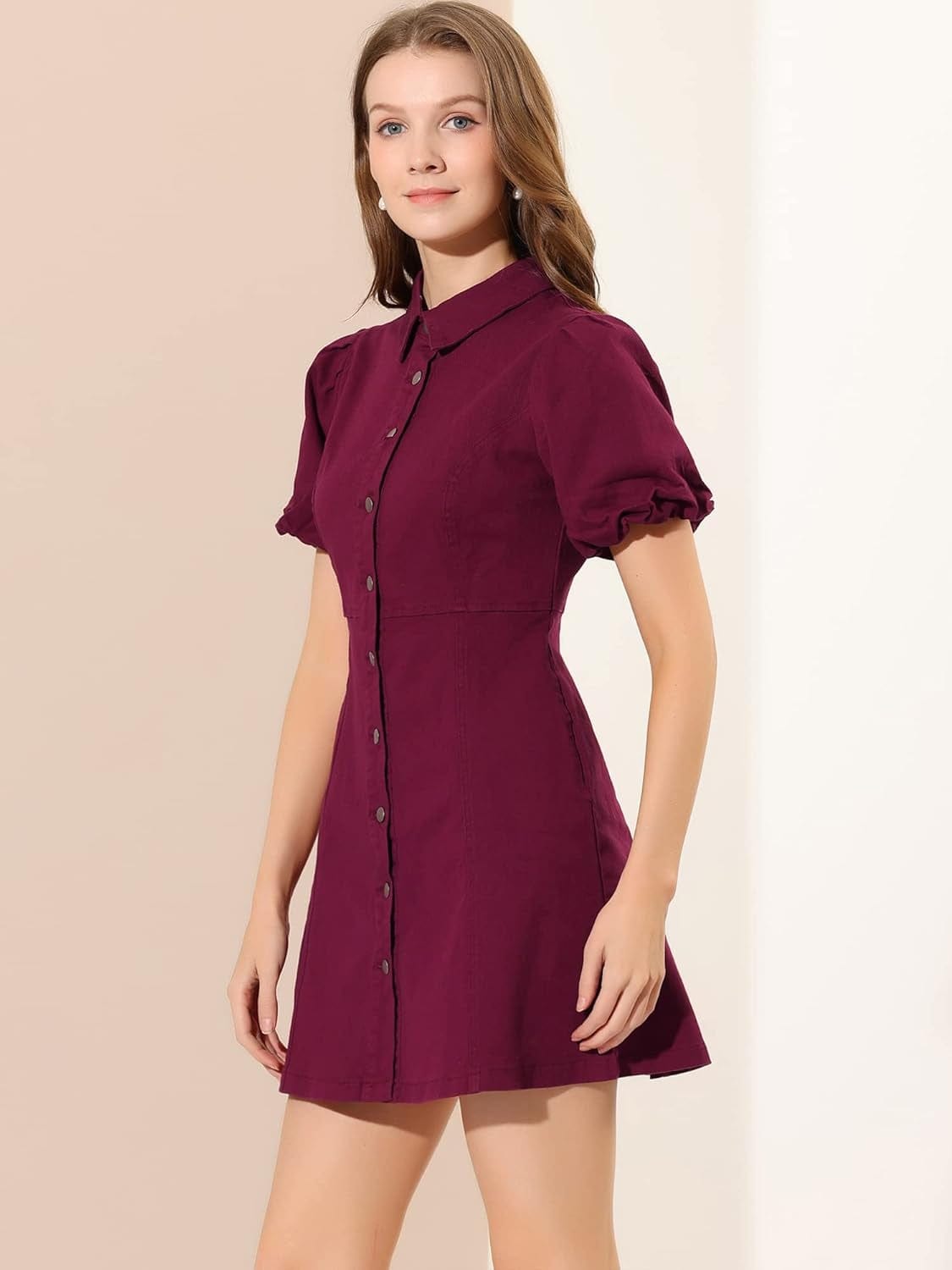 Allegra K Women'S Puff Short Sleeve Collared Button down Mini Jean Denim Dress with Pockets