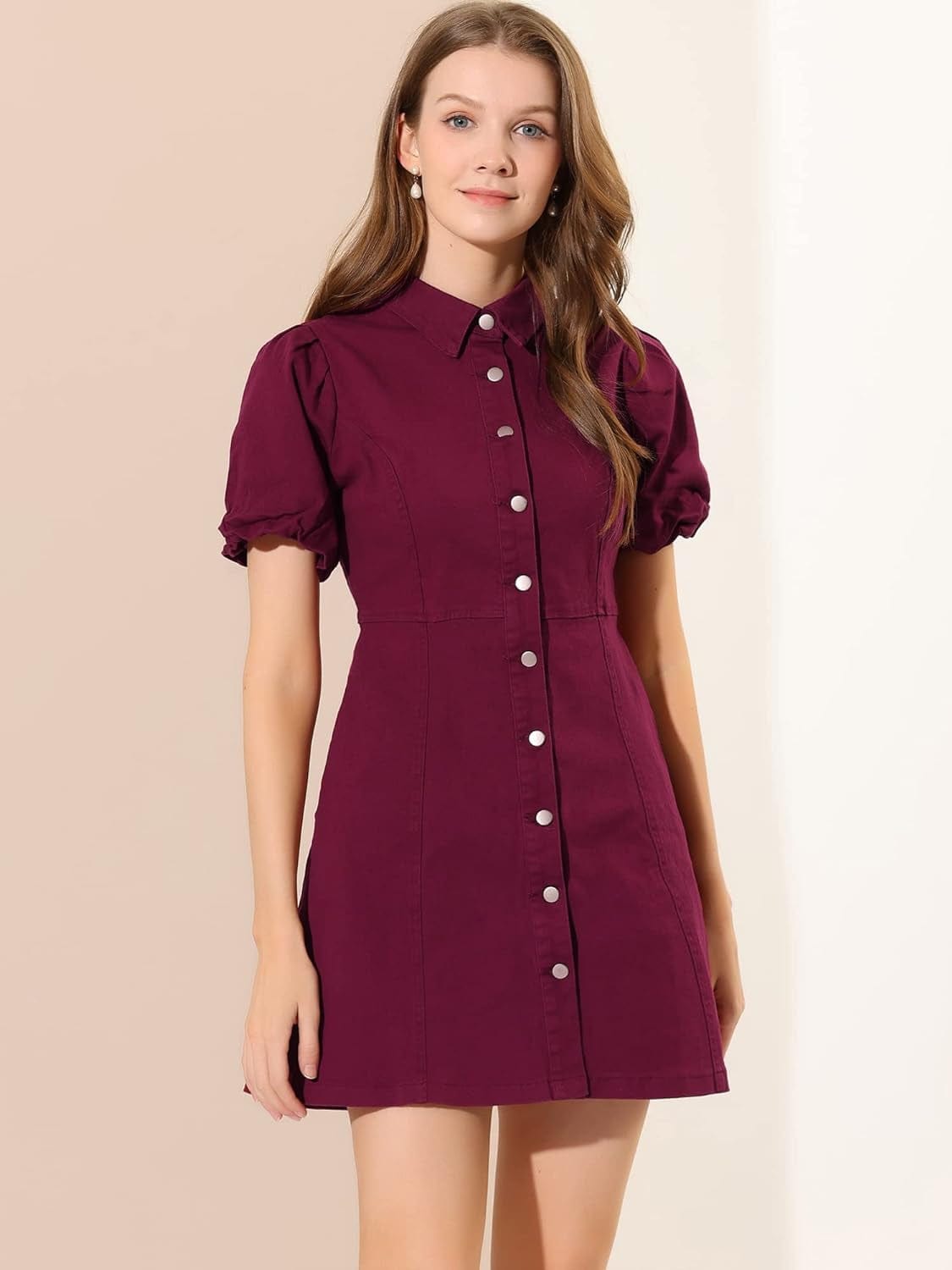 Allegra K Women'S Puff Short Sleeve Collared Button down Mini Jean Denim Dress with Pockets