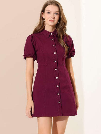 Allegra K Women'S Puff Short Sleeve Collared Button down Mini Jean Denim Dress with Pockets