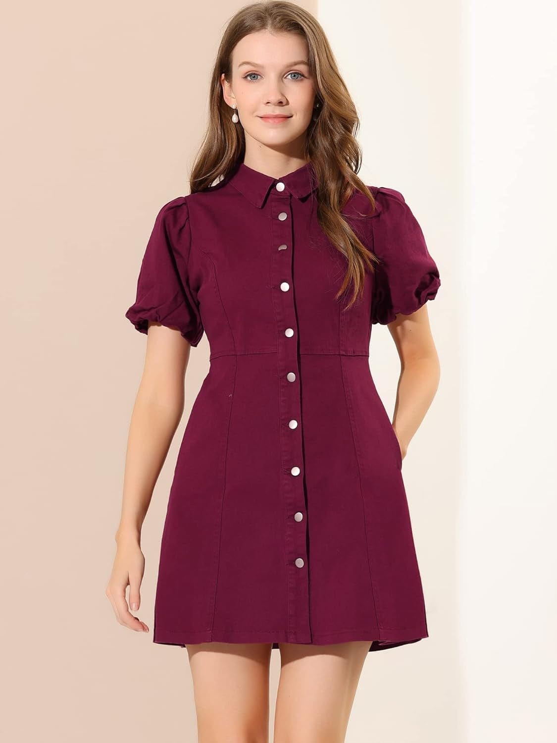 Allegra K Women'S Puff Short Sleeve Collared Button down Mini Jean Denim Dress with Pockets