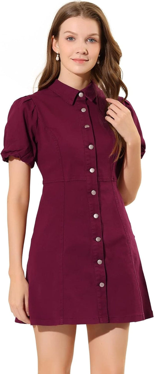 Allegra K Women'S Puff Short Sleeve Collared Button down Mini Jean Denim Dress with Pockets