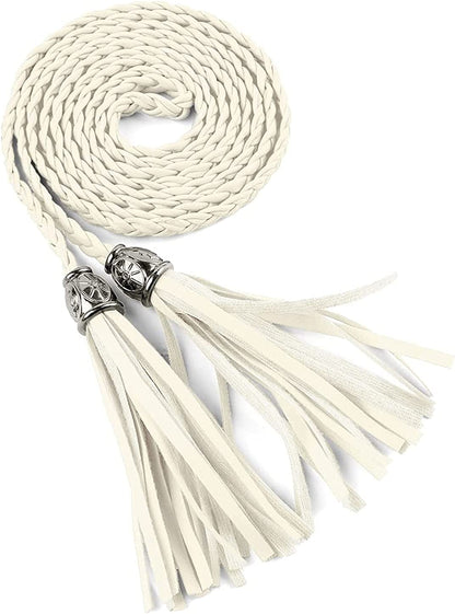 Allegra K Women'S Tassel Braided Belts Skinny Woven Waist Belts for Skirt Dress Apparel & Accessories > Clothing Accessories > Belts Allegra K Beige 132 cm/52 inches 