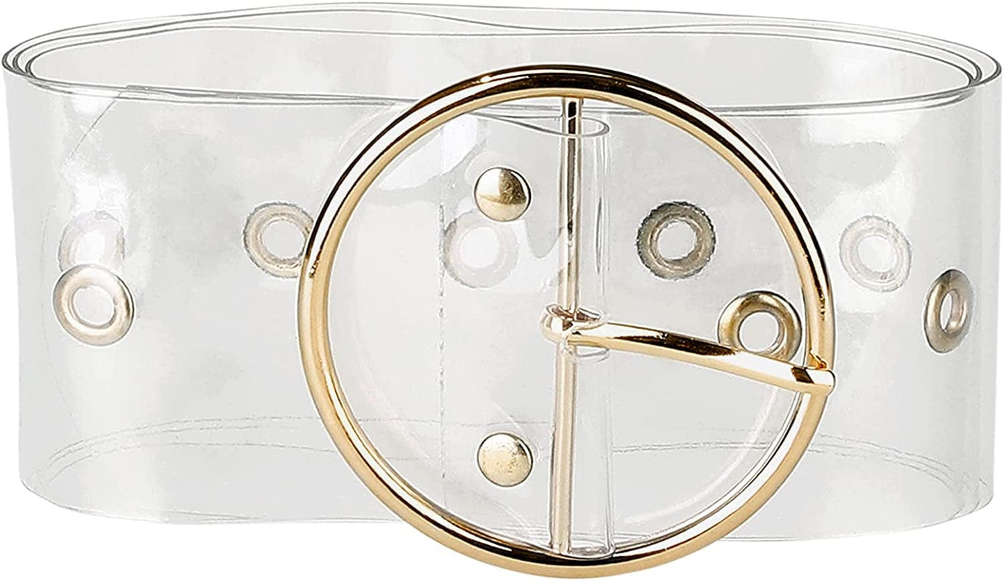 Allegra K Womens Grommet Clear Wide Waist Belts for Dresses Transparent Belts Pin Buckle Apparel & Accessories > Clothing Accessories > Belts Allegra K Gold Round Buckle 75-95cm/29.53-37.40" 