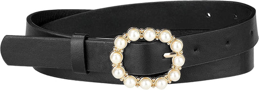 Allegra K Womens Pearl Waistband Skinny Leather Adjustable Pin Buckle Belt for Jeans Dresses Pants Apparel & Accessories > Clothing Accessories > Belts Allegra K Black 75-90cm/29.53"-35.43" 
