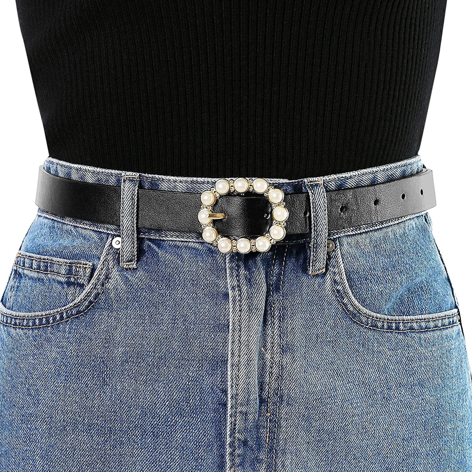 Allegra K Womens Pearl Waistband Skinny Leather Adjustable Pin Buckle Belt for Jeans Dresses Pants Apparel & Accessories > Clothing Accessories > Belts Allegra K   