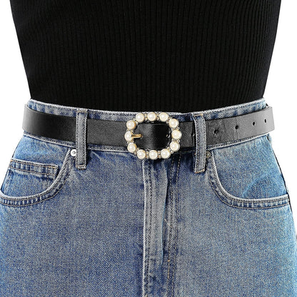 Allegra K Womens Pearl Waistband Skinny Leather Adjustable Pin Buckle Belt for Jeans Dresses Pants Apparel & Accessories > Clothing Accessories > Belts Allegra K   