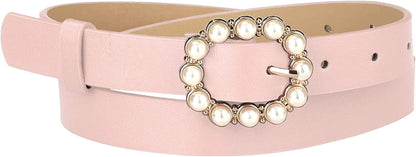 Allegra K Womens Pearl Waistband Skinny Leather Adjustable Pin Buckle Belt for Jeans Dresses Pants Apparel & Accessories > Clothing Accessories > Belts Allegra K Light Pink 75-90cm/29.53"-35.43" 