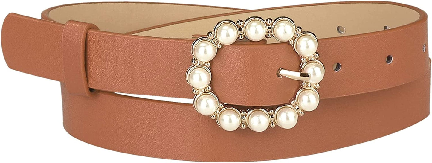 Allegra K Womens Pearl Waistband Skinny Leather Adjustable Pin Buckle Belt for Jeans Dresses Pants Apparel & Accessories > Clothing Accessories > Belts Allegra K Camel 75-90cm/29.53"-35.43" 