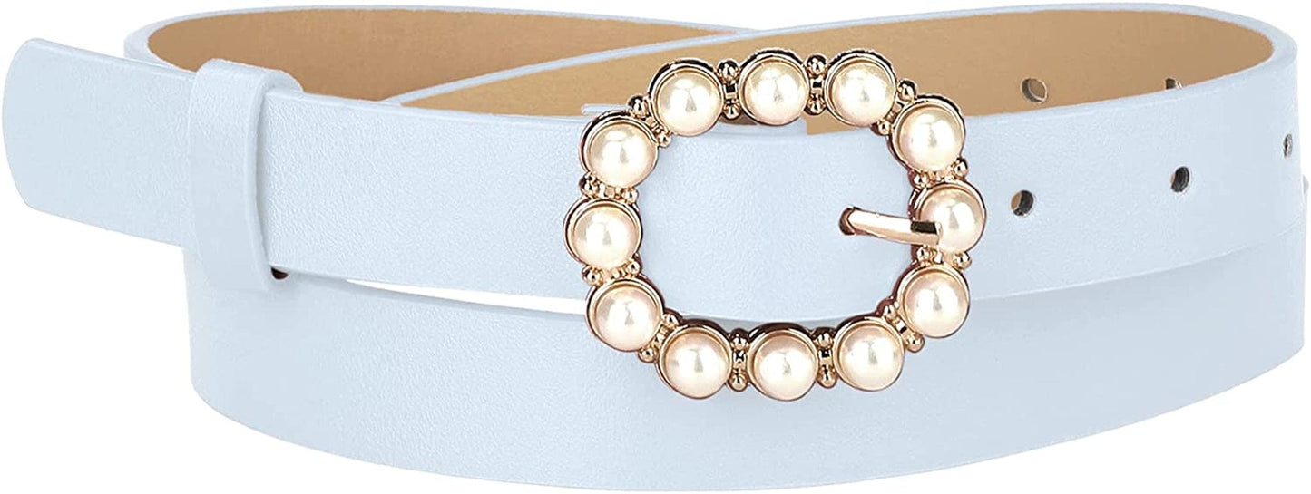Allegra K Womens Pearl Waistband Skinny Leather Adjustable Pin Buckle Belt for Jeans Dresses Pants Apparel & Accessories > Clothing Accessories > Belts Allegra K Light Blue 75-90cm/29.53"-35.43" 