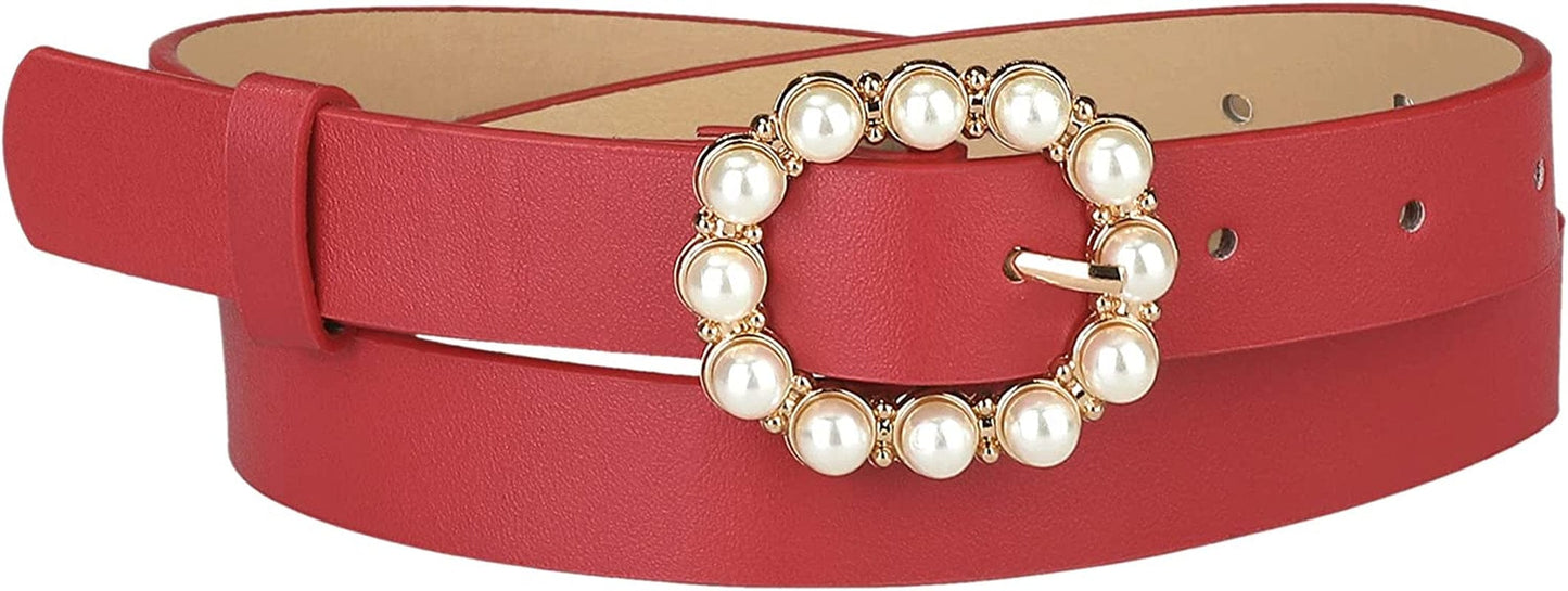 Allegra K Womens Pearl Waistband Skinny Leather Adjustable Pin Buckle Belt for Jeans Dresses Pants Apparel & Accessories > Clothing Accessories > Belts Allegra K Red 75-90cm/29.53"-35.43" 