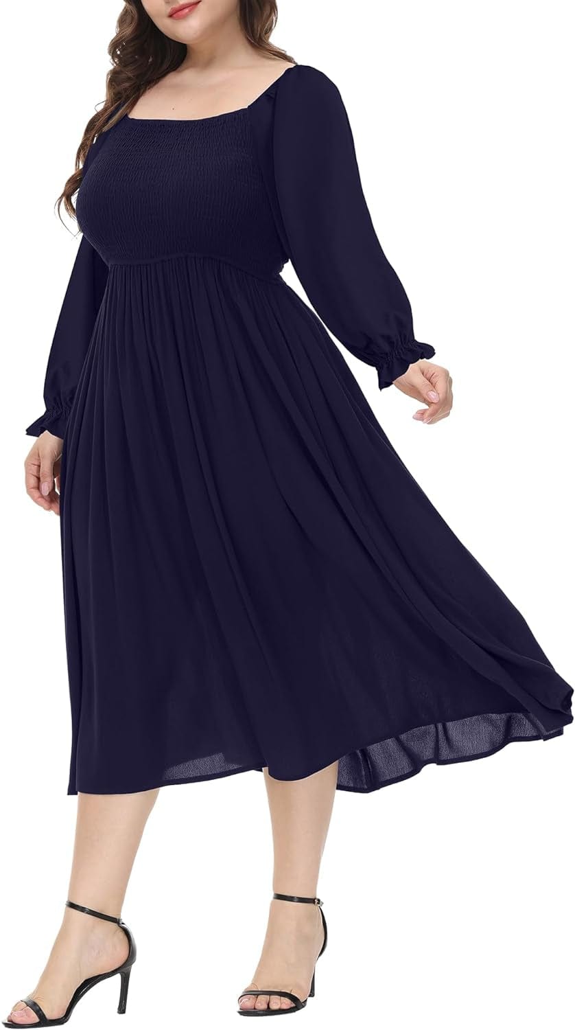 ALLEGRACE plus Size Dress for Women Long Sleeve Boho Square Neck Causal Flowy Cocktail Party Fall Maxi Dresses Navy Blue / 3X