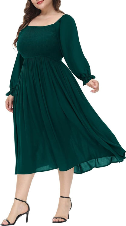 ALLEGRACE plus Size Dress for Women Long Sleeve Boho Square Neck Causal Flowy Cocktail Party Fall Maxi Dresses Dark Green / 1X