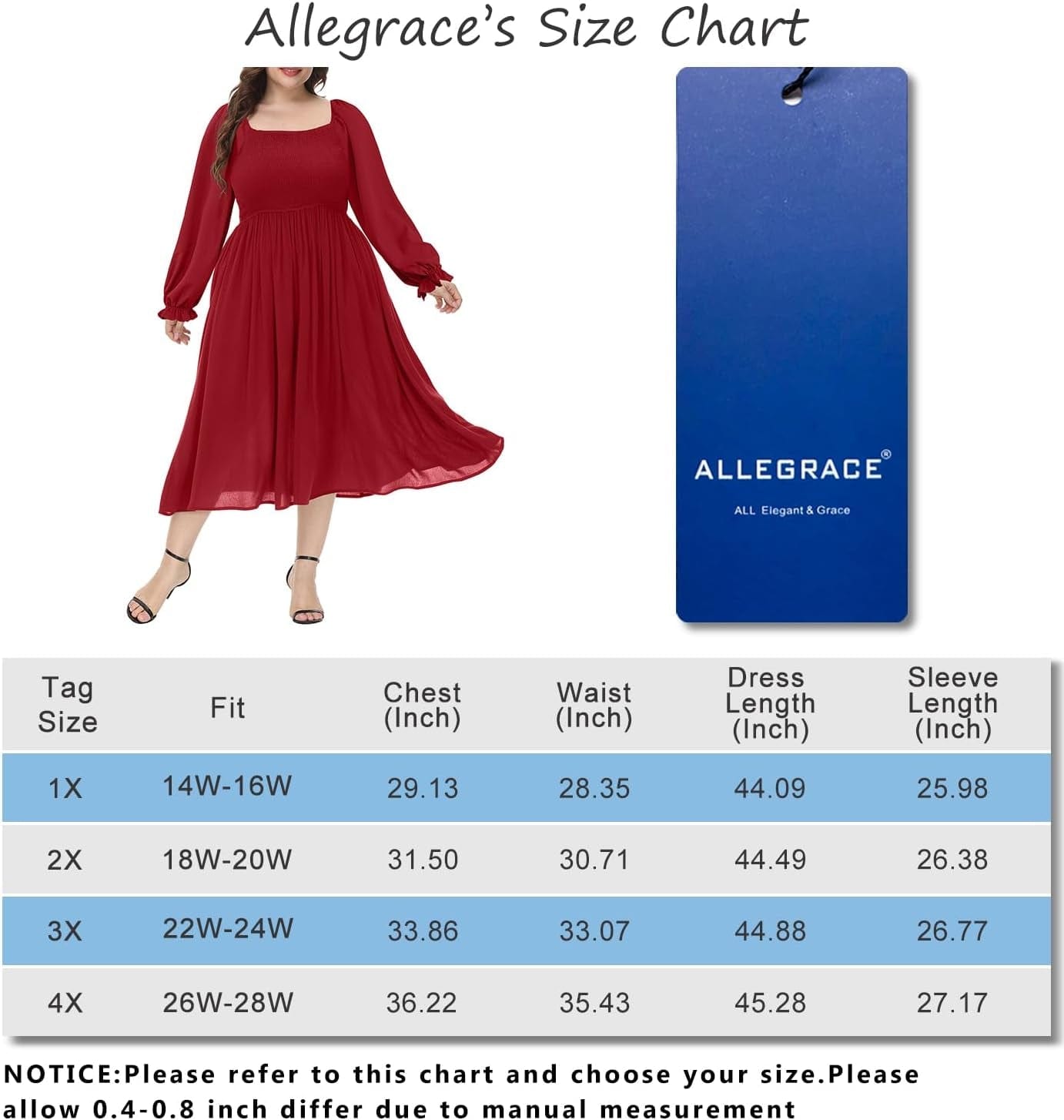 ALLEGRACE plus Size Dress for Women Long Sleeve Boho Square Neck Causal Flowy Cocktail Party Fall Maxi Dresses