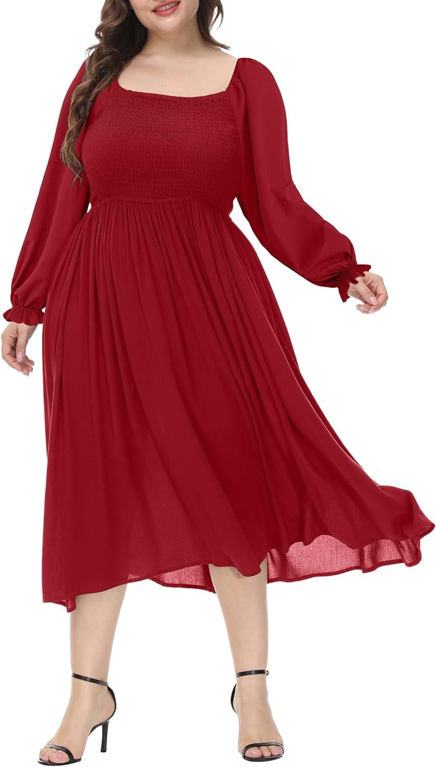 ALLEGRACE plus Size Dress for Women Long Sleeve Boho Square Neck Causal Flowy Cocktail Party Fall Maxi Dresses