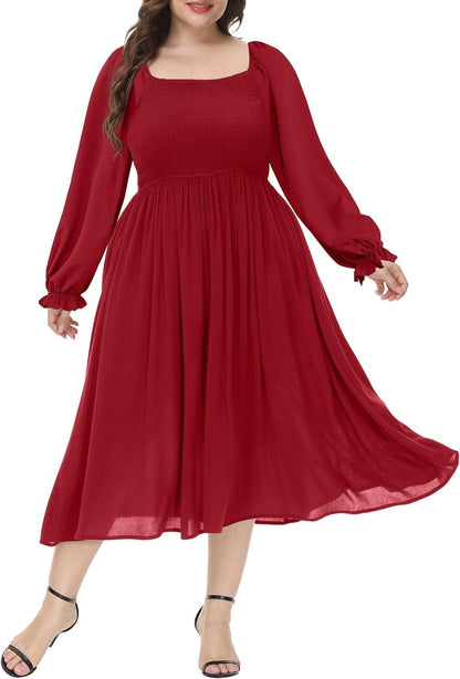 ALLEGRACE plus Size Dress for Women Long Sleeve Boho Square Neck Causal Flowy Cocktail Party Fall Maxi Dresses