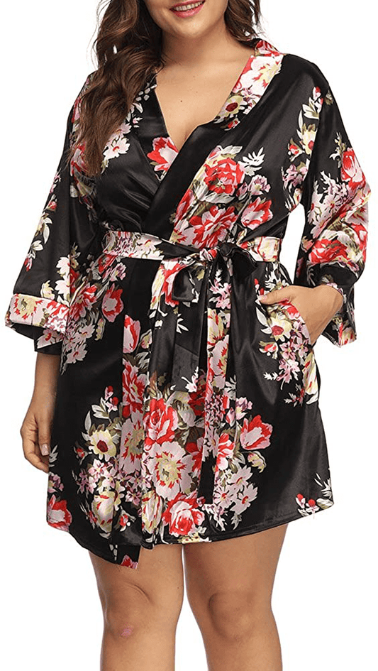 ALLEGRACE plus Size Robes for Women Wrap Floral Print Satin Sleep Lounge Kimono Robe Apparel & Accessories > Clothing > Sleepwear & Loungewear > Robes ALLEGRACE Black 1X 