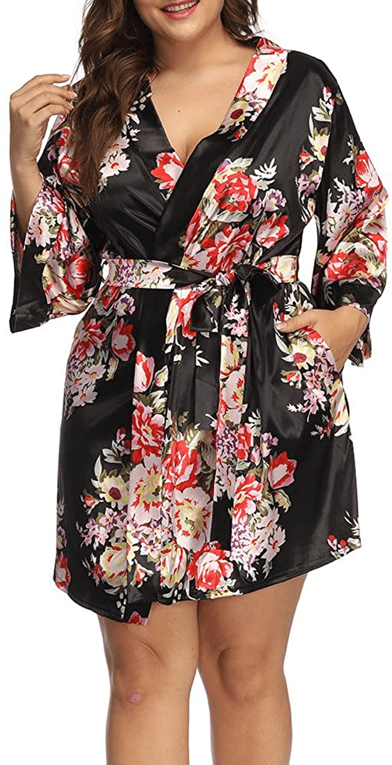 ALLEGRACE plus Size Robes for Women Wrap Floral Print Satin Sleep Lounge Kimono Robe Apparel & Accessories > Clothing > Sleepwear & Loungewear > Robes ALLEGRACE   