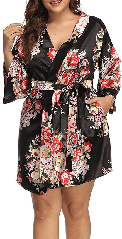ALLEGRACE plus Size Robes for Women Wrap Floral Print Satin Sleep Lounge Kimono Robe Apparel & Accessories > Clothing > Sleepwear & Loungewear > Robes ALLEGRACE   