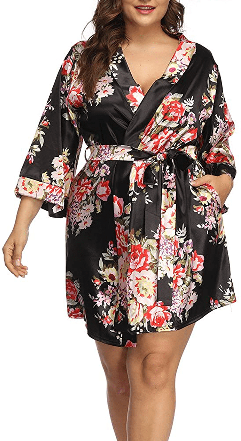 ALLEGRACE plus Size Robes for Women Wrap Floral Print Satin Sleep Lounge Kimono Robe Apparel & Accessories > Clothing > Sleepwear & Loungewear > Robes ALLEGRACE   