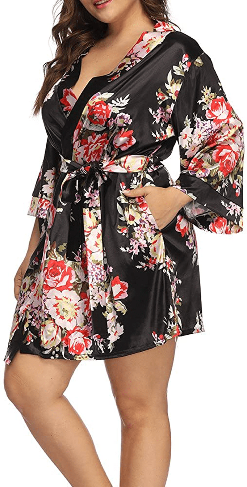 ALLEGRACE plus Size Robes for Women Wrap Floral Print Satin Sleep Lounge Kimono Robe Apparel & Accessories > Clothing > Sleepwear & Loungewear > Robes ALLEGRACE   