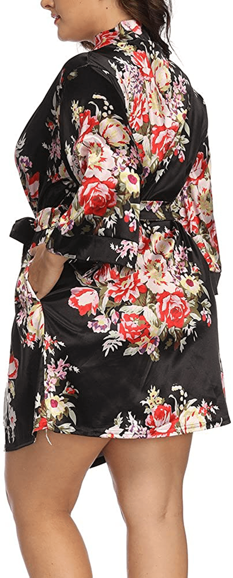 ALLEGRACE plus Size Robes for Women Wrap Floral Print Satin Sleep Lounge Kimono Robe Apparel & Accessories > Clothing > Sleepwear & Loungewear > Robes ALLEGRACE   