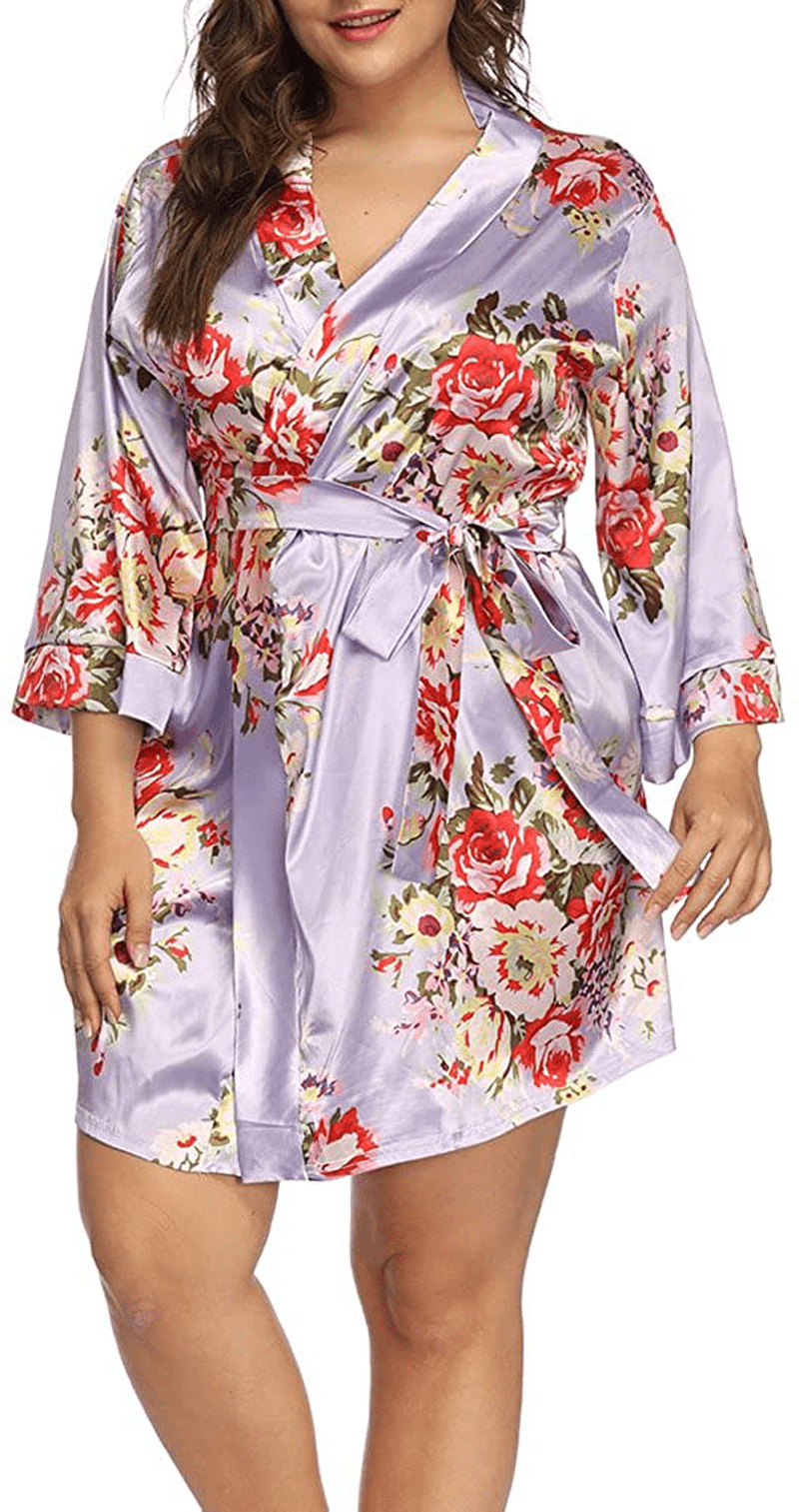 ALLEGRACE plus Size Robes for Women Wrap Floral Print Satin Sleep Lounge Kimono Robe Apparel & Accessories > Clothing > Sleepwear & Loungewear > Robes ALLEGRACE Purple 1X 