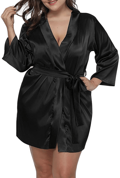 ALLEGRACE Women plus Size Satin Wrap Front Kimono Robes Short Pajamas with Belt Apparel & Accessories > Clothing > Sleepwear & Loungewear > Robes ALLEGRACE   
