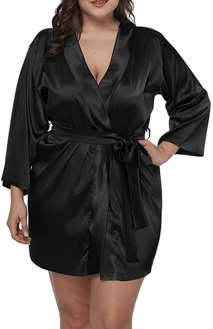 ALLEGRACE Women plus Size Satin Wrap Front Kimono Robes Short Pajamas with Belt Apparel & Accessories > Clothing > Sleepwear & Loungewear > Robes ALLEGRACE   