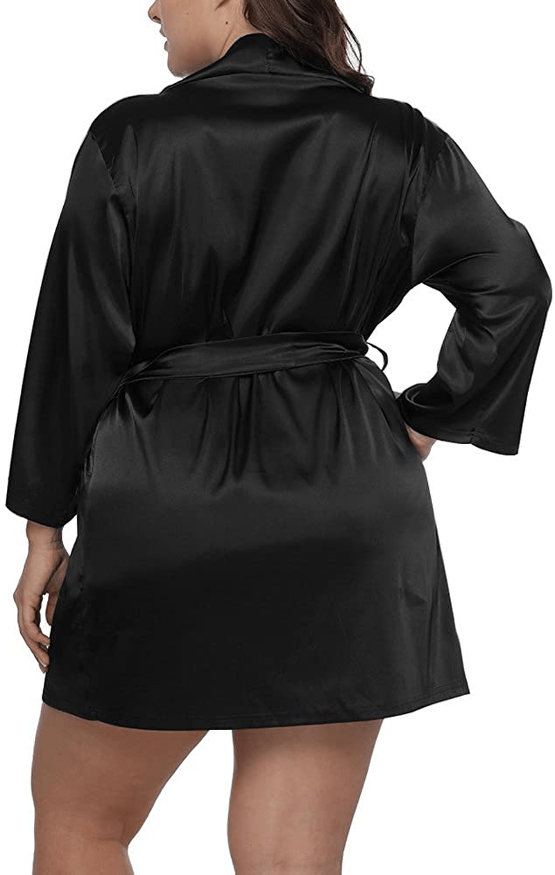 ALLEGRACE Women plus Size Satin Wrap Front Kimono Robes Short Pajamas with Belt Apparel & Accessories > Clothing > Sleepwear & Loungewear > Robes ALLEGRACE   