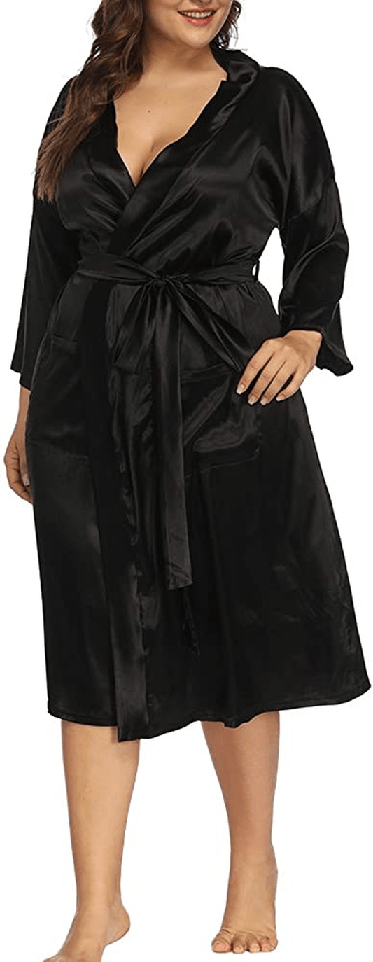 ALLEGRACE Women'S plus Size Robes Silky Satin Long Kimino Bridesmaids Sleep Lounge Robe Apparel & Accessories > Clothing > Sleepwear & Loungewear > Robes ALLEGRACE Black 1X 