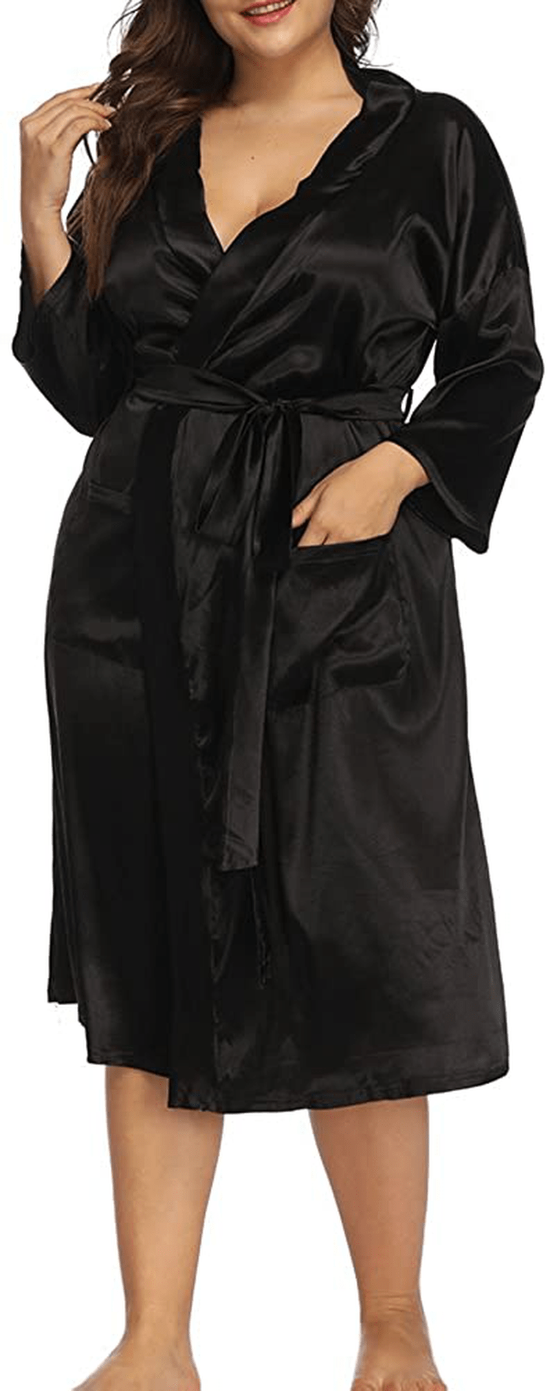 ALLEGRACE Women'S plus Size Robes Silky Satin Long Kimino Bridesmaids Sleep Lounge Robe Apparel & Accessories > Clothing > Sleepwear & Loungewear > Robes ALLEGRACE   