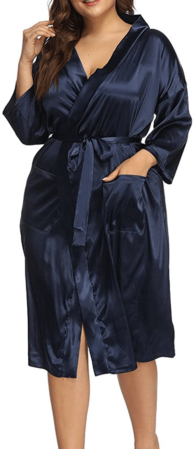 ALLEGRACE Women'S plus Size Robes Silky Satin Long Kimino Bridesmaids Sleep Lounge Robe Apparel & Accessories > Clothing > Sleepwear & Loungewear > Robes ALLEGRACE Dark Blue 1X 