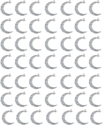 Alloy Pack of 50 Moon Shape Silver Charms Pendants for Making Bracelet and Necklace (Moon 50Pcs Silver)
