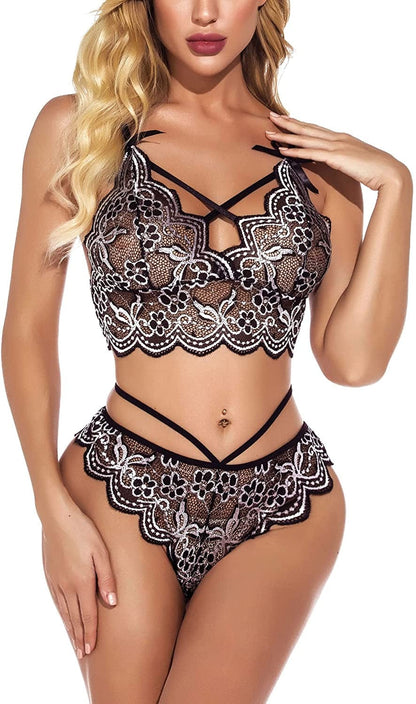 Allribelly Women Sexy Lingerie Set Lace Bra and Panty Sets Strappy 2 Piece Lingerie Black / XX-Large