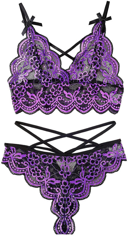 Allribelly Women Sexy Lingerie Set Lace Bra and Panty Sets Strappy 2 Piece Lingerie