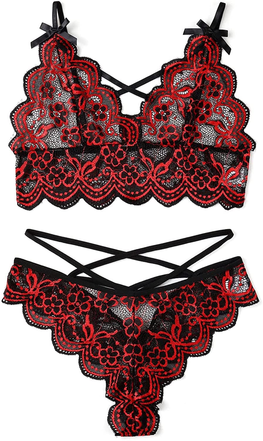 Allribelly Women Sexy Lingerie Set Lace Bra and Panty Sets Strappy 2 Piece Lingerie Red / XX-Large