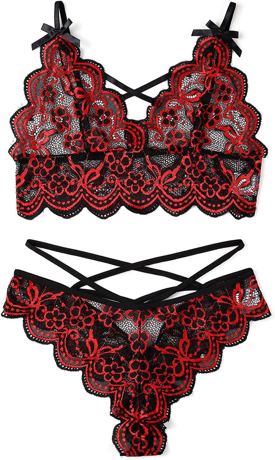 Allribelly Women Sexy Lingerie Set Lace Bra and Panty Sets Strappy 2 Piece Lingerie Red / Large