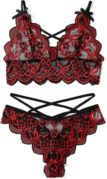 Allribelly Women Sexy Lingerie Set Lace Bra and Panty Sets Strappy 2 Piece Lingerie Red / Large