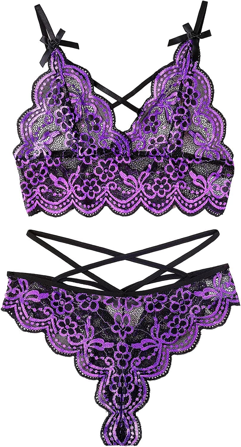 Allribelly Women Sexy Lingerie Set Lace Bra and Panty Sets Strappy 2 Piece Lingerie Purple / XX-Large