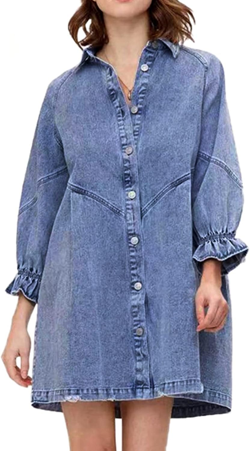 ALSOGO Women Denim Shirt Dress 3/4 Long Sleeves Casual Button down Babydoll Flowy Jean Dresses Blue / Large
