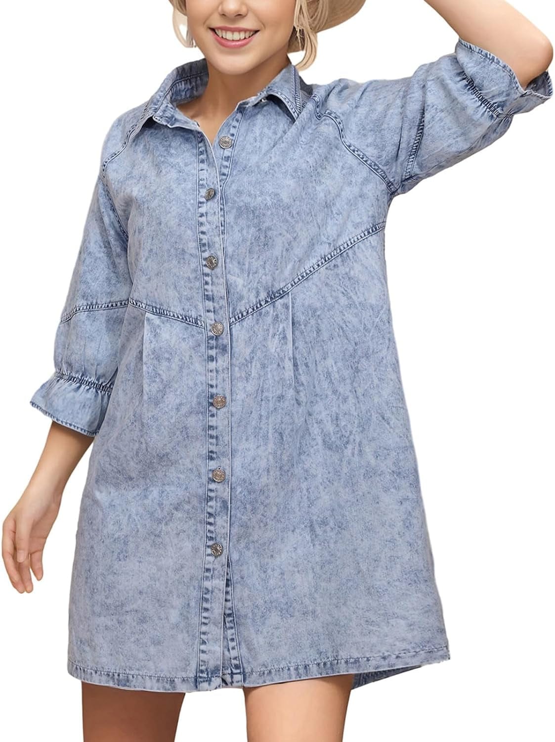 ALSOGO Women Denim Shirt Dress 3/4 Long Sleeves Casual Button down Babydoll Flowy Jean Dresses Roadknight Blue / X-Small