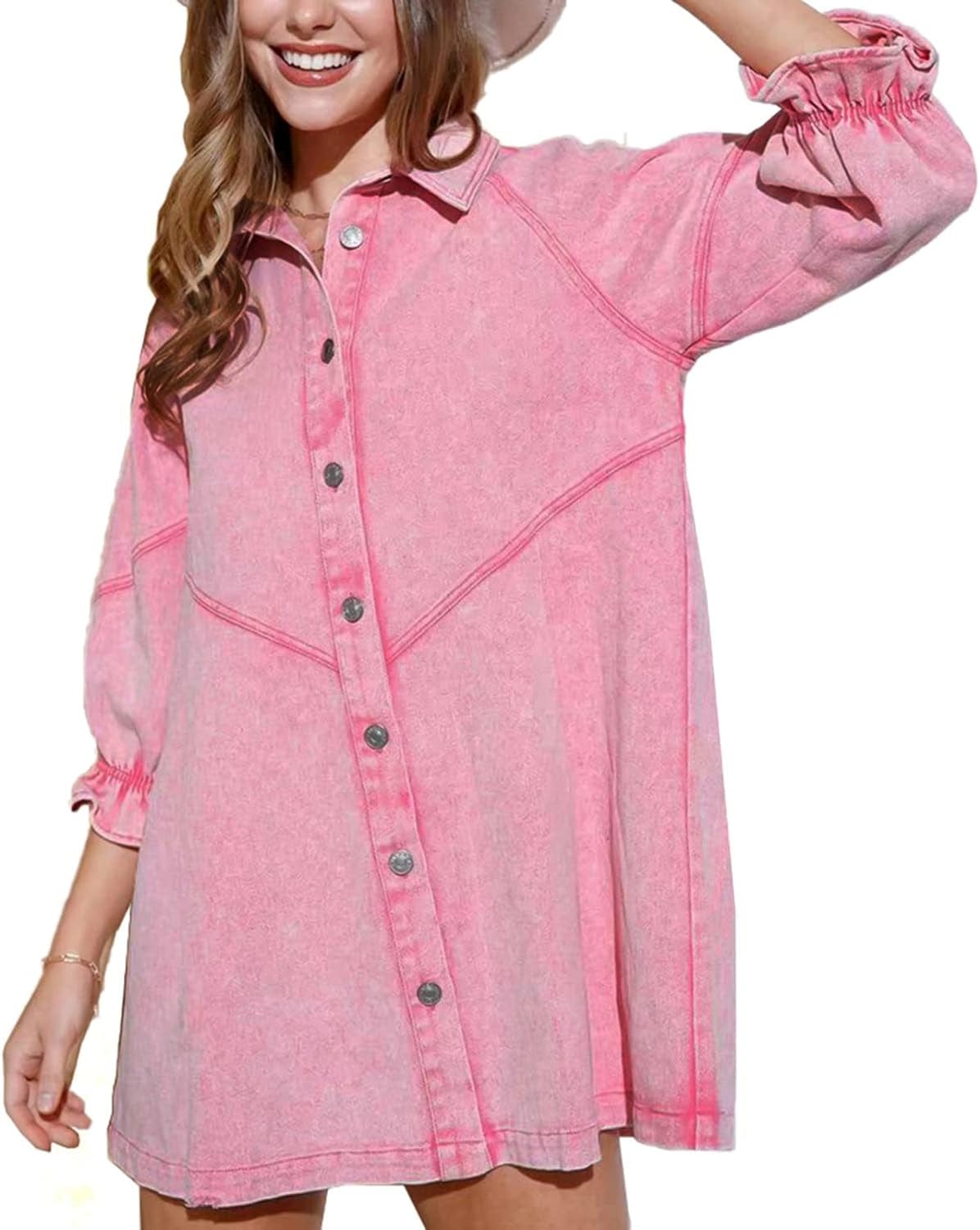 ALSOGO Women Denim Shirt Dress 3/4 Long Sleeves Casual Button down Babydoll Flowy Jean Dresses Pink / X-Large