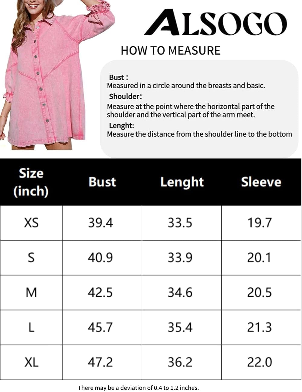 ALSOGO Women Denim Shirt Dress 3/4 Long Sleeves Casual Button down Babydoll Flowy Jean Dresses
