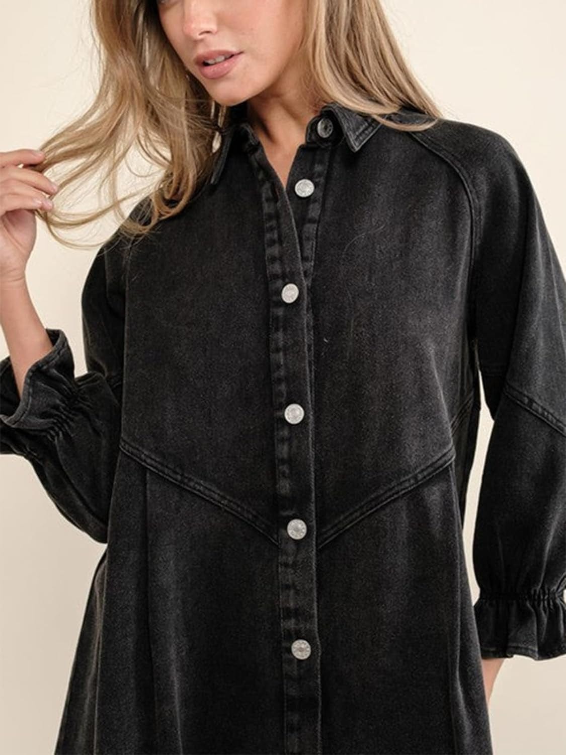 ALSOGO Women Denim Shirt Dress 3/4 Long Sleeves Casual Button down Babydoll Flowy Jean Dresses