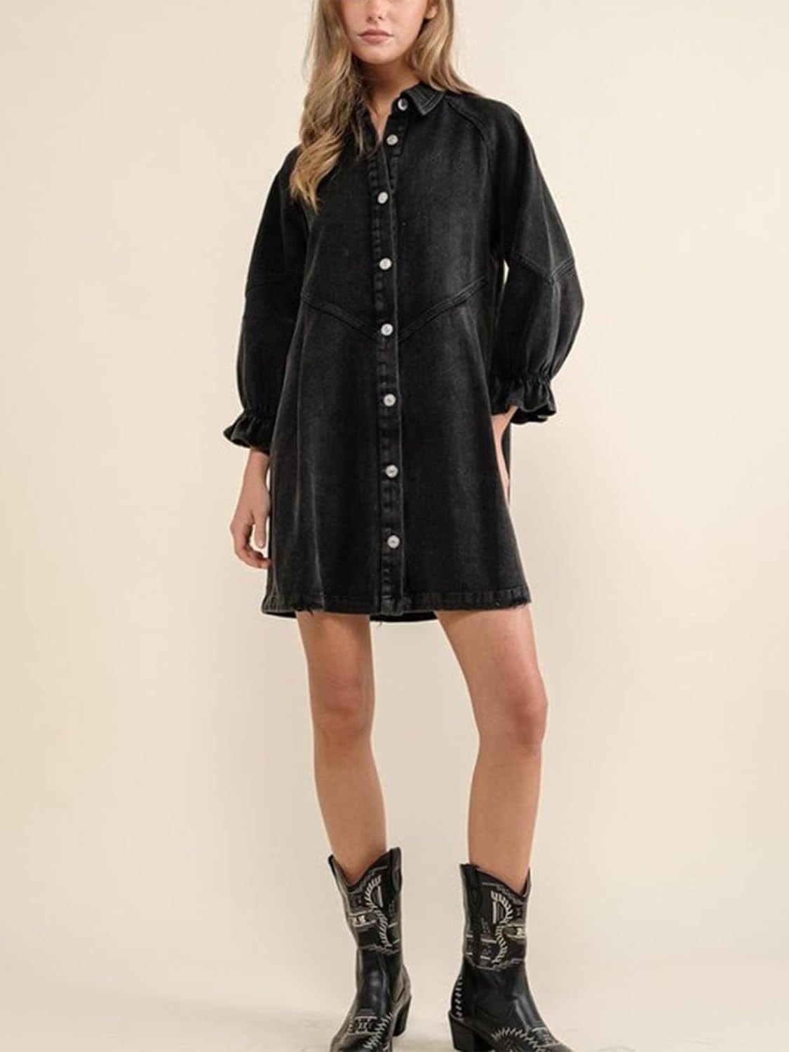 ALSOGO Women Denim Shirt Dress 3/4 Long Sleeves Casual Button down Babydoll Flowy Jean Dresses