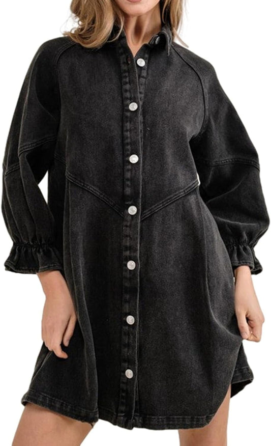 ALSOGO Women Denim Shirt Dress 3/4 Long Sleeves Casual Button down Babydoll Flowy Jean Dresses