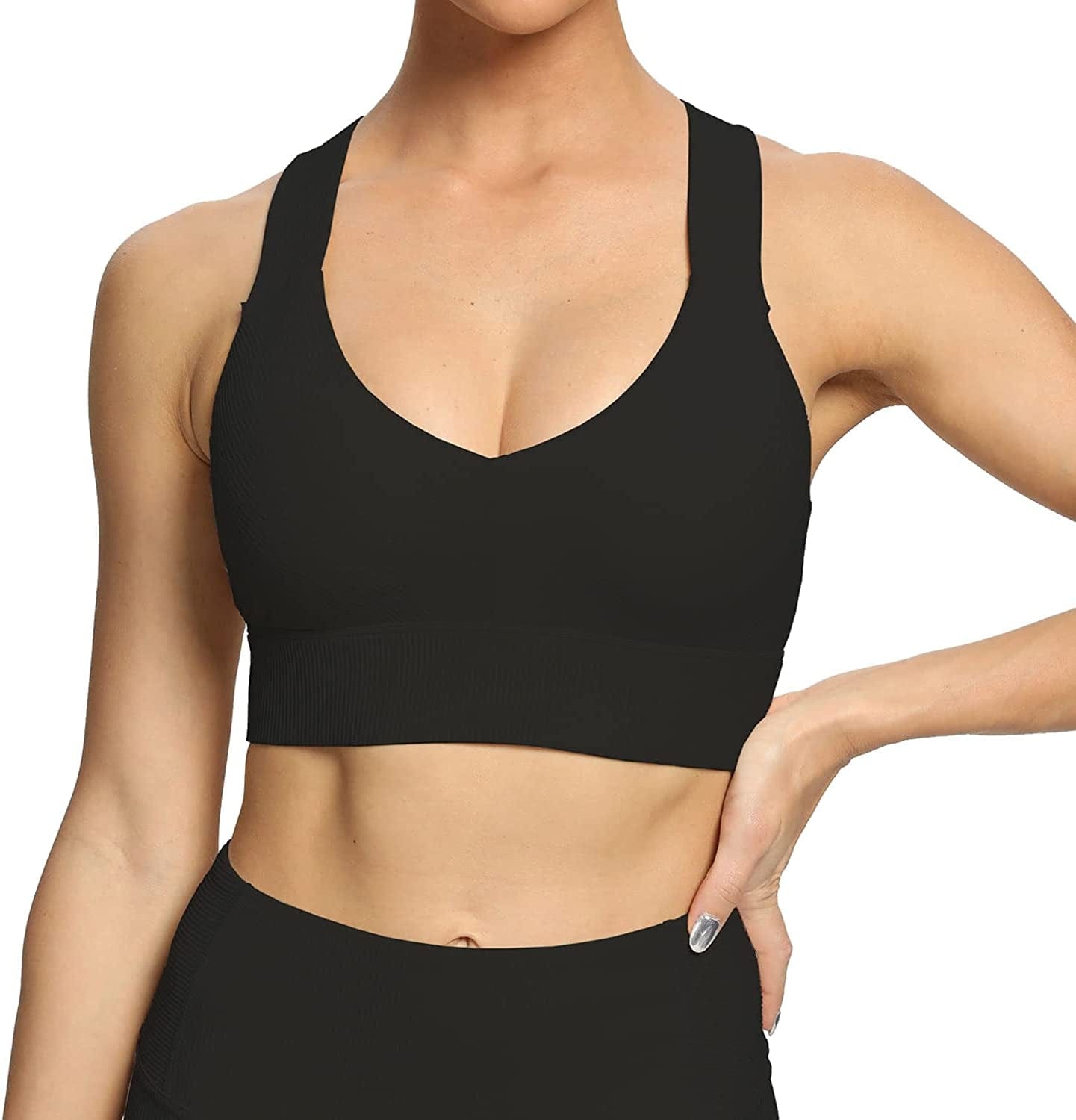 Altiland High Impact Supportive Sports Bras for Women, V Neck Padded Workout Yoga Fitness Running Athletic Tops Black / Large