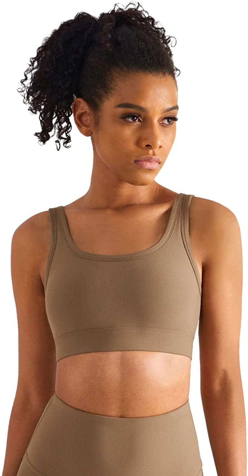 Altiland High Impact Supportive Sports Bras for Women, V Neck Padded Workout Yoga Fitness Running Athletic Tops Deep Khaki / Large